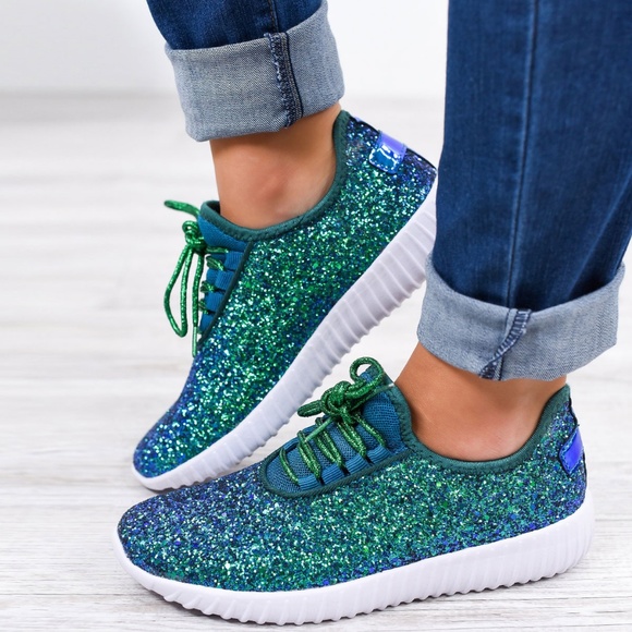 Shoes - HP 💃 Light-Weight Mermaid Green Glitter Lace Up Slip-On Sneaker Gym Yoga
